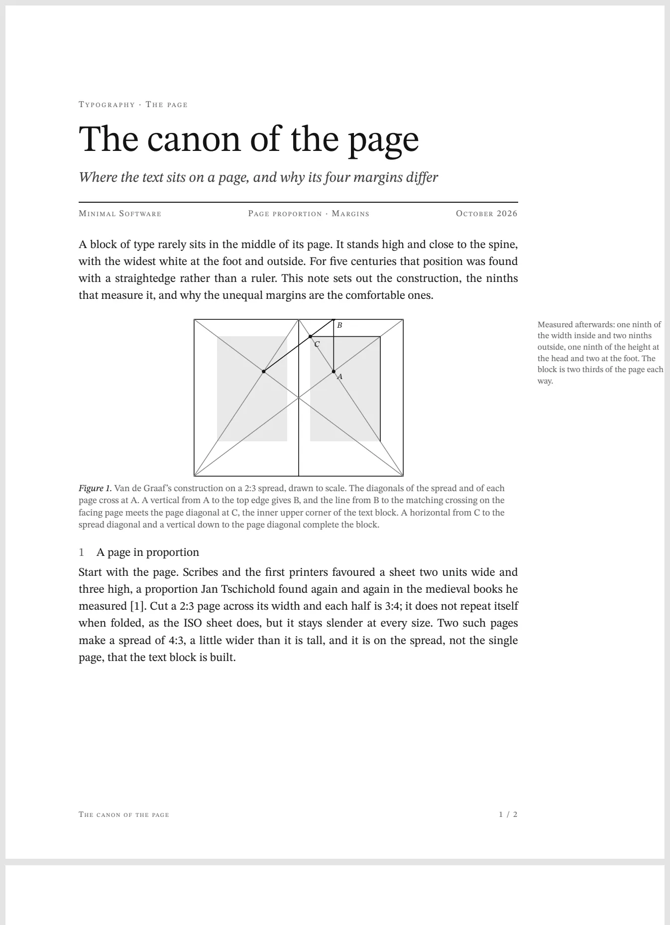 Minimal PDF showing the first page of a short note, The canon of the page, at fit width, with nothing around the page but a grey margin