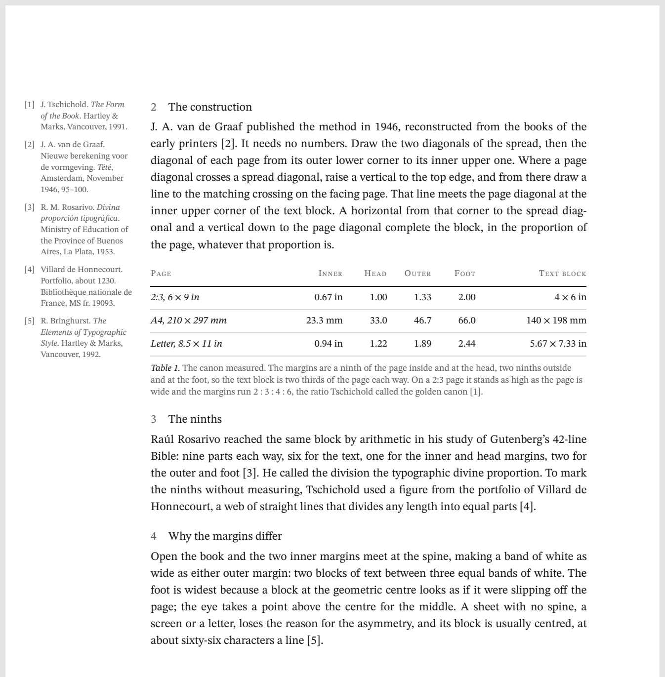 The top of the note's second page, with the section The construction, a table of the canon's margins, and the references in the outer margin