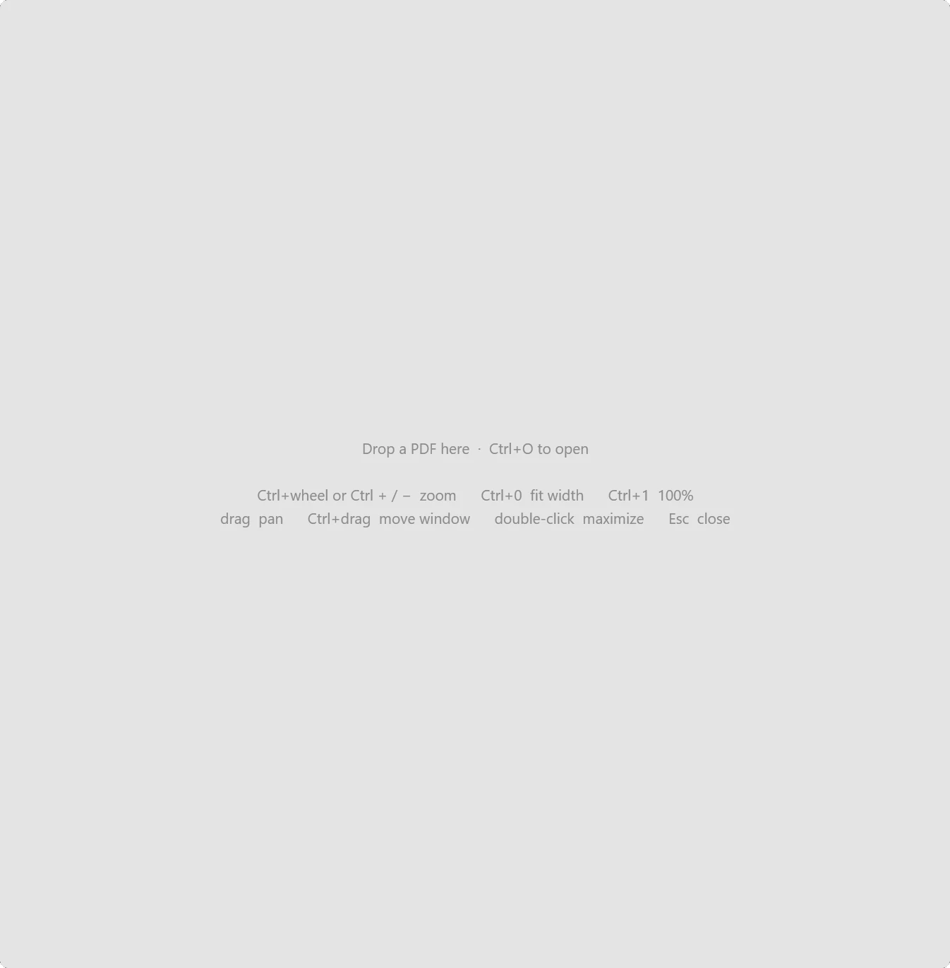 An empty Minimal PDF window: grey, with the words Drop a PDF here, Ctrl+O to open, and a list of controls